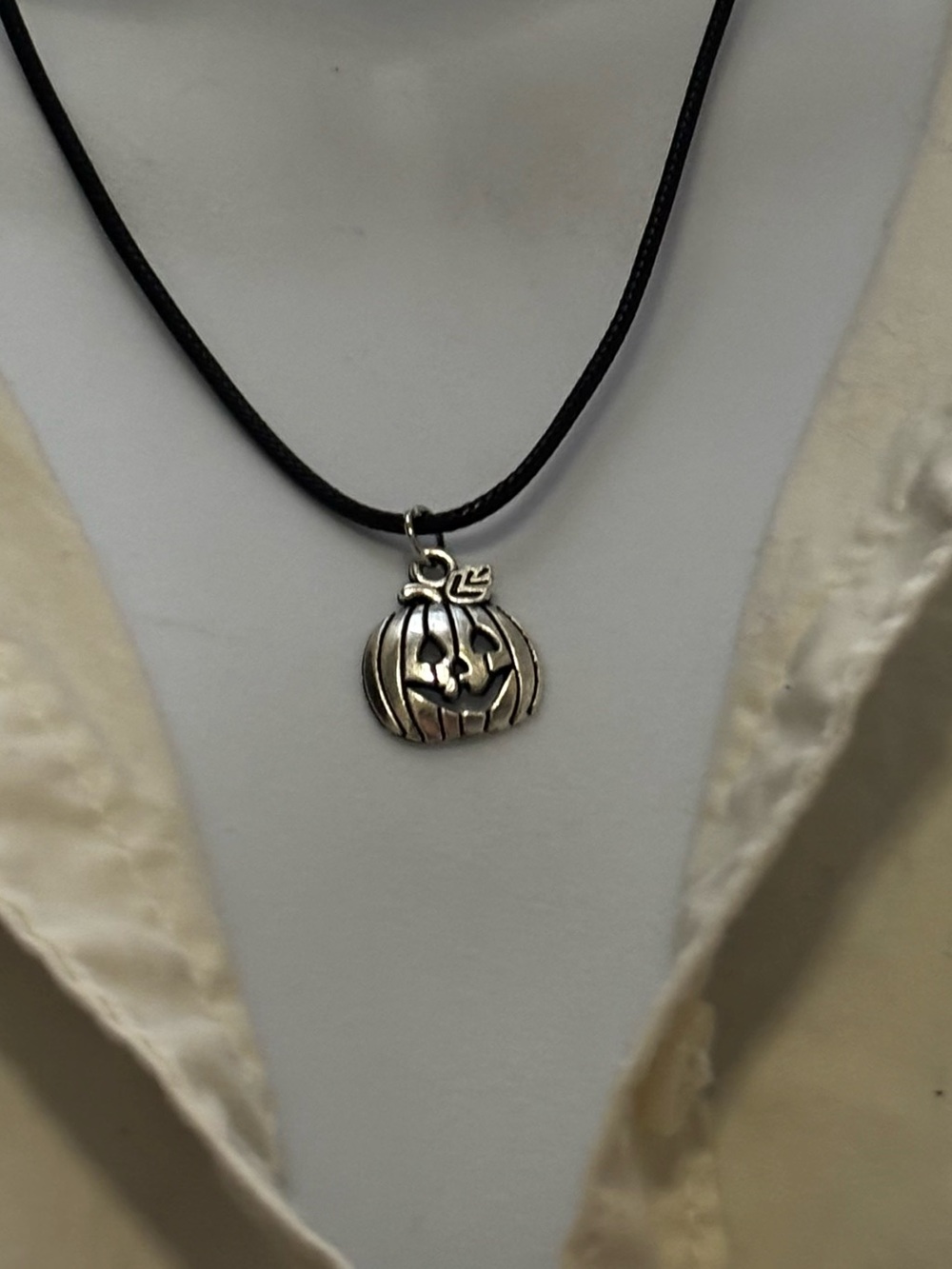 Silver Pumpkin Pendant Necklace in Black Cord